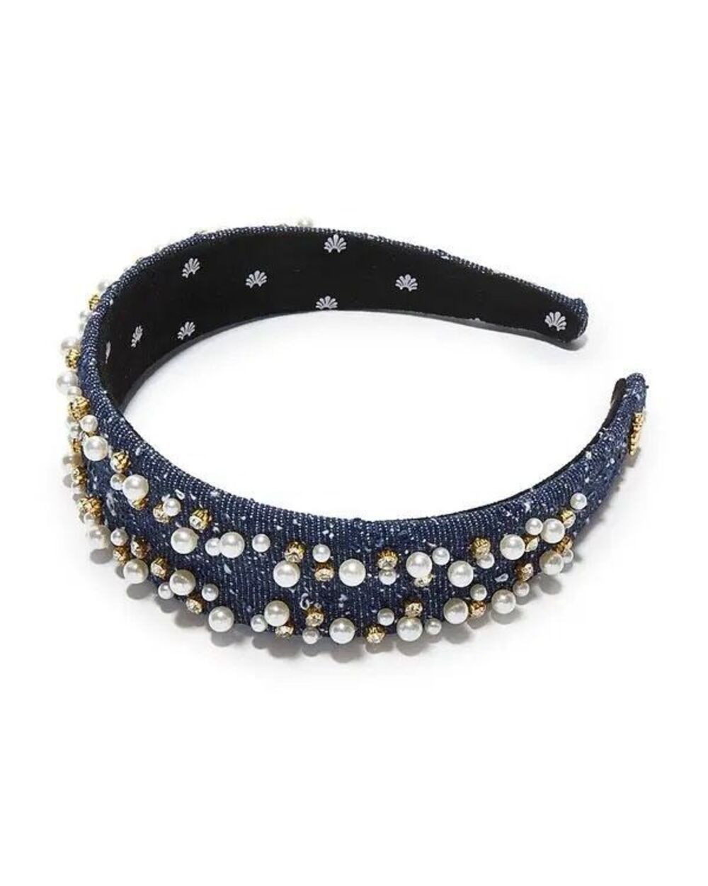 Lele Sadoughi Denim Dobby 1” Cher Faux Pearl Cotton Sprinkle Headband OS - Picture 1 of 5